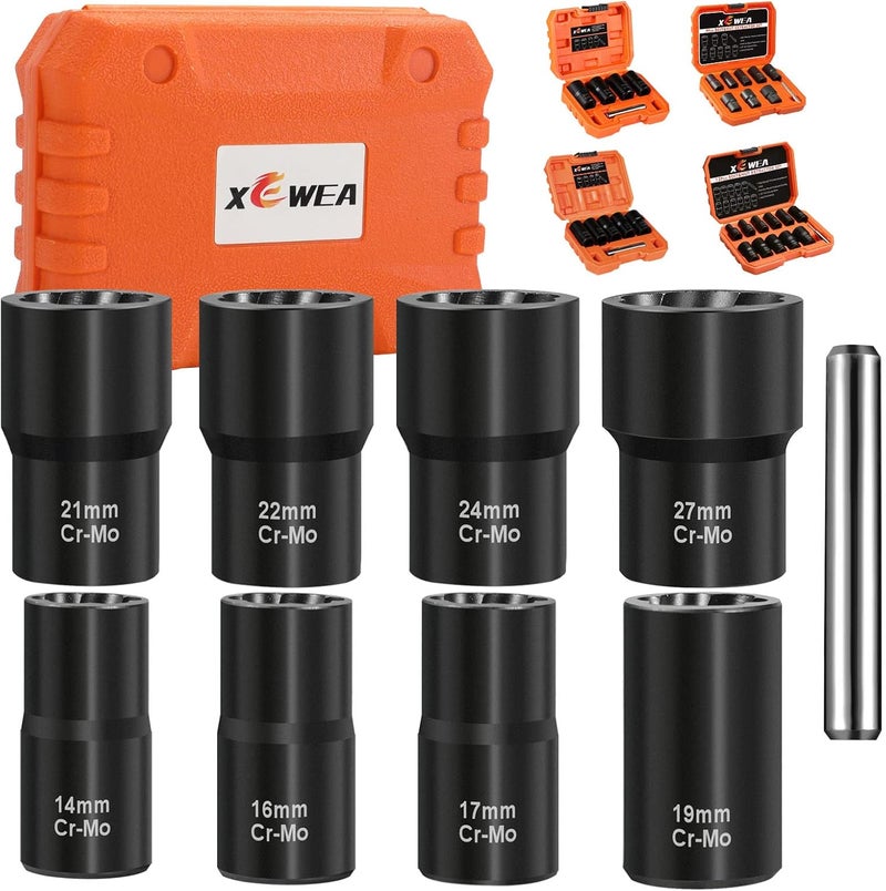 XEWEA 9PCS Lug Nut Extractor Set, 1/2" Drive Impact Bolt Remover Socket Tool, Wheel Lock Removal Kit, Easy Out Extractor Set for Damaged, Frozen, Rusted, Rounded-Off Bolts, Father's Day Gift - Image 1